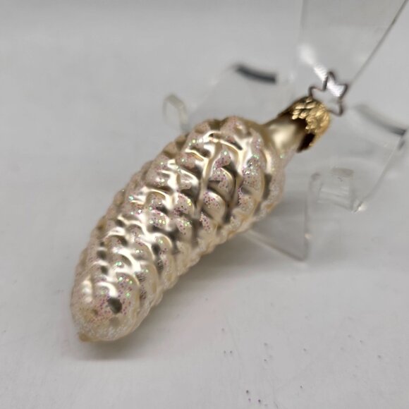 Inge Glas Bent Pine Cone German Glass Christmas Ornament Silver 3" - Picture 2 of 5